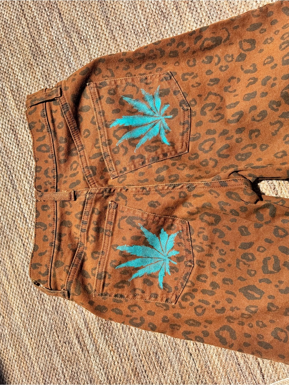Target Brown Leopard Print Boot Cut Pants with Teal Leaf Embroidery